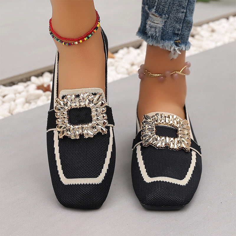 🎁2026 New Arrivals 50% OFF💥 Square Toe Flat Shoes – Breathable Knit, Crystal Buckle, Slip-On 💎