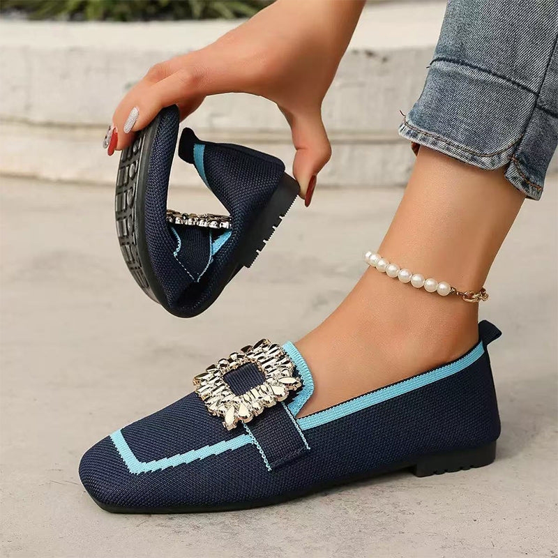 🎁2026 New Arrivals 50% OFF💥 Square Toe Flat Shoes – Breathable Knit, Crystal Buckle, Slip-On 💎
