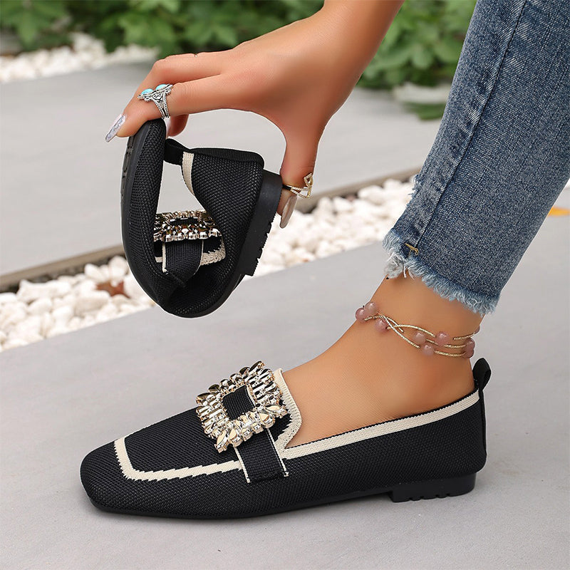 🎁2026 New Arrivals 50% OFF💥 Square Toe Flat Shoes – Breathable Knit, Crystal Buckle, Slip-On 💎