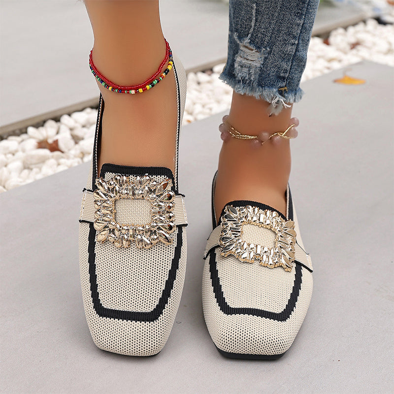 🎁2026 New Arrivals 50% OFF💥 Square Toe Flat Shoes – Breathable Knit, Crystal Buckle, Slip-On 💎
