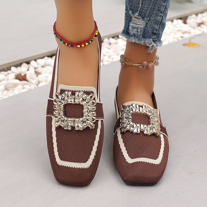 🎁2026 New Arrivals 50% OFF💥 Square Toe Flat Shoes – Breathable Knit, Crystal Buckle, Slip-On 💎