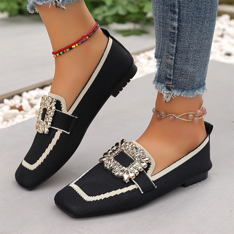 🎁2026 New Arrivals 50% OFF💥 Square Toe Flat Shoes – Breathable Knit, Crystal Buckle, Slip-On 💎