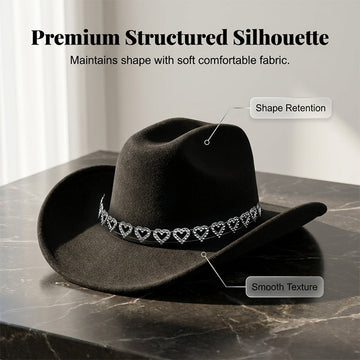 📢📢30% OFF !! ⏰Women's Rhinestone Heart Cowboy Hat Elegant French Jazz Fedora