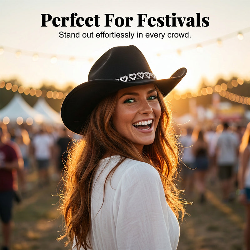📢📢30% OFF !! ⏰Women's Rhinestone Heart Cowboy Hat Elegant French Jazz Fedora