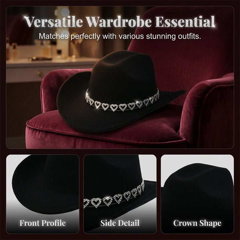 📢📢30% OFF !! ⏰Women's Rhinestone Heart Cowboy Hat Elegant French Jazz Fedora