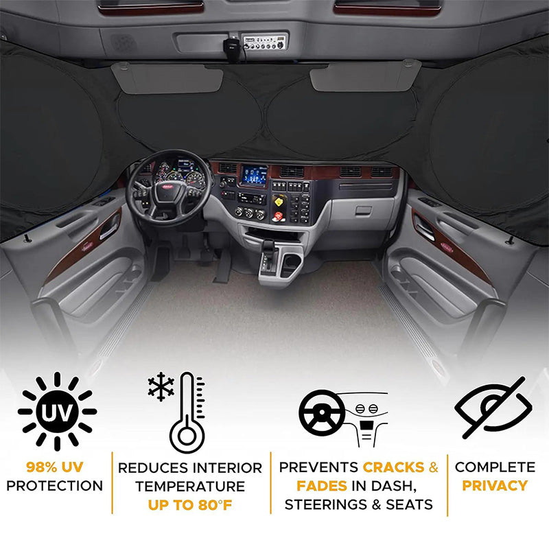 📢📢50% OFF !! ⏰Truck Windshield Sunshade with UV Protection – Heavy-duty & heat-reflective – Fits large windshields, reduces interior heat – protects dash & seats, foldable storage 🛡️