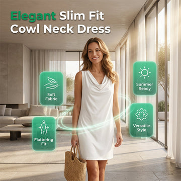 📢📢40% OFF !! ⏰ Elegant Slim Fit Cowl Neck Dress – Sleeveless, Side Pockets, Versatile ✨
