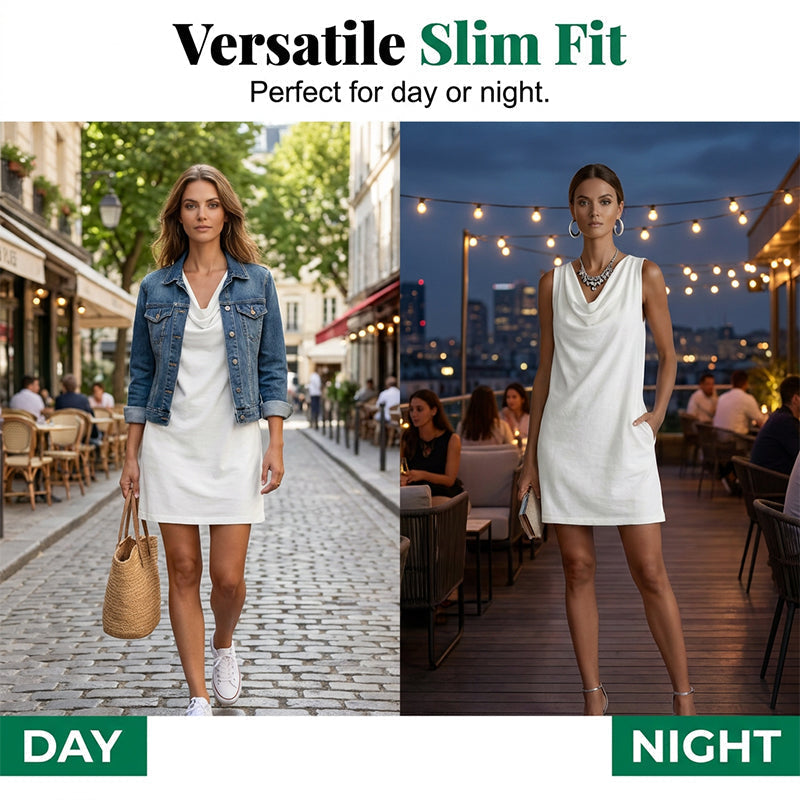 📢📢40% OFF !! ⏰ Elegant Slim Fit Cowl Neck Dress – Sleeveless, Side Pockets, Versatile ✨