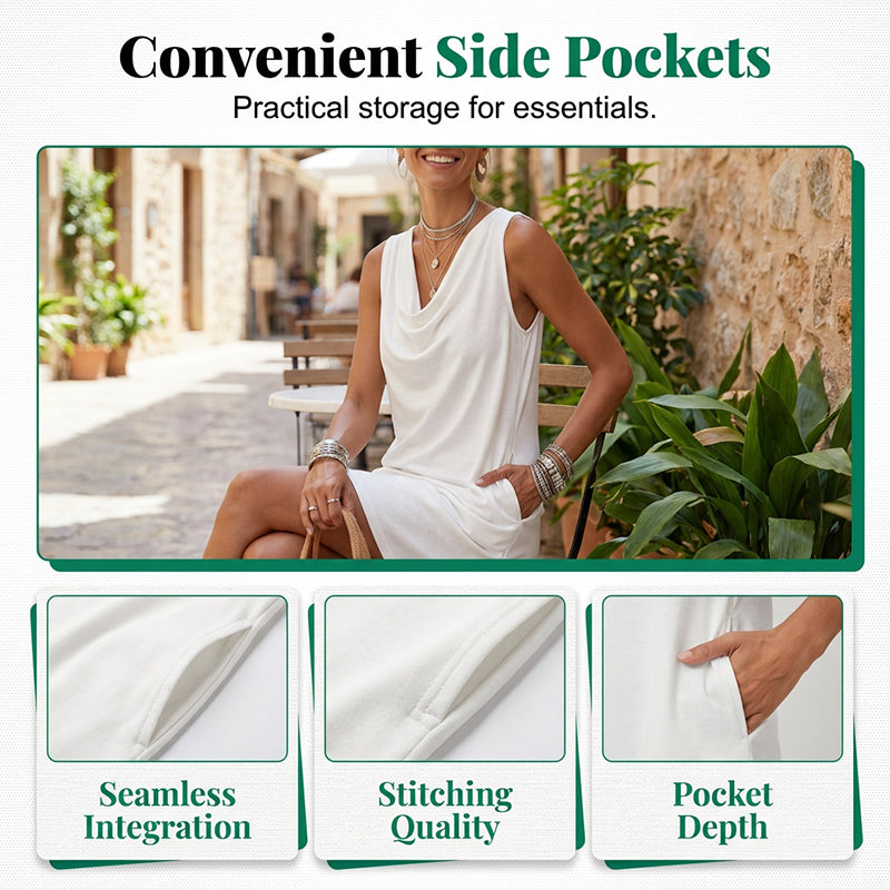 📢📢40% OFF !! ⏰ Elegant Slim Fit Cowl Neck Dress – Sleeveless, Side Pockets, Versatile ✨