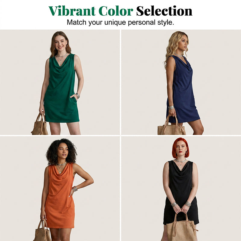 📢📢40% OFF !! ⏰ Elegant Slim Fit Cowl Neck Dress – Sleeveless, Side Pockets, Versatile ✨