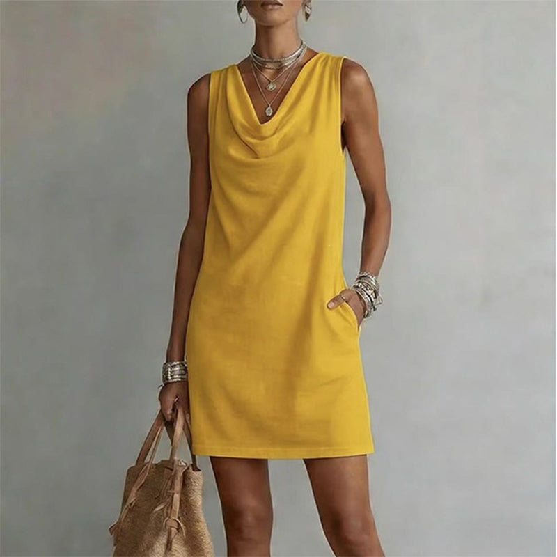 📢📢40% OFF !! ⏰ Elegant Slim Fit Cowl Neck Dress – Sleeveless, Side Pockets, Versatile ✨