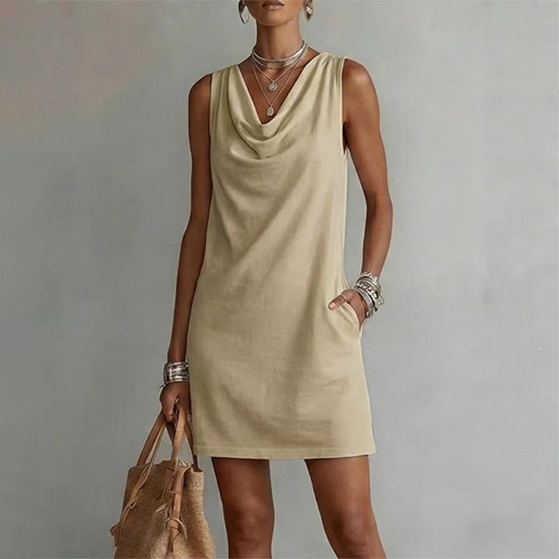 📢📢40% OFF !! ⏰ Elegant Slim Fit Cowl Neck Dress – Sleeveless, Side Pockets, Versatile ✨