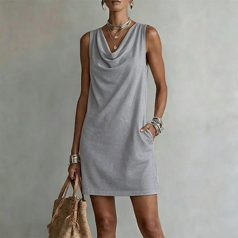 📢📢40% OFF !! ⏰ Elegant Slim Fit Cowl Neck Dress – Sleeveless, Side Pockets, Versatile ✨