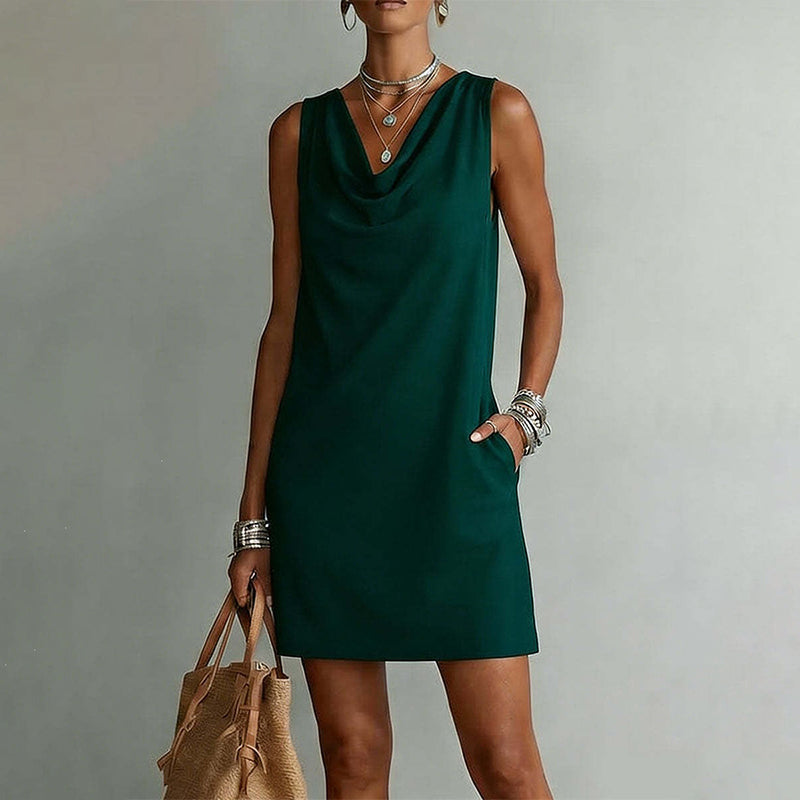 📢📢40% OFF !! ⏰ Elegant Slim Fit Cowl Neck Dress – Sleeveless, Side Pockets, Versatile ✨