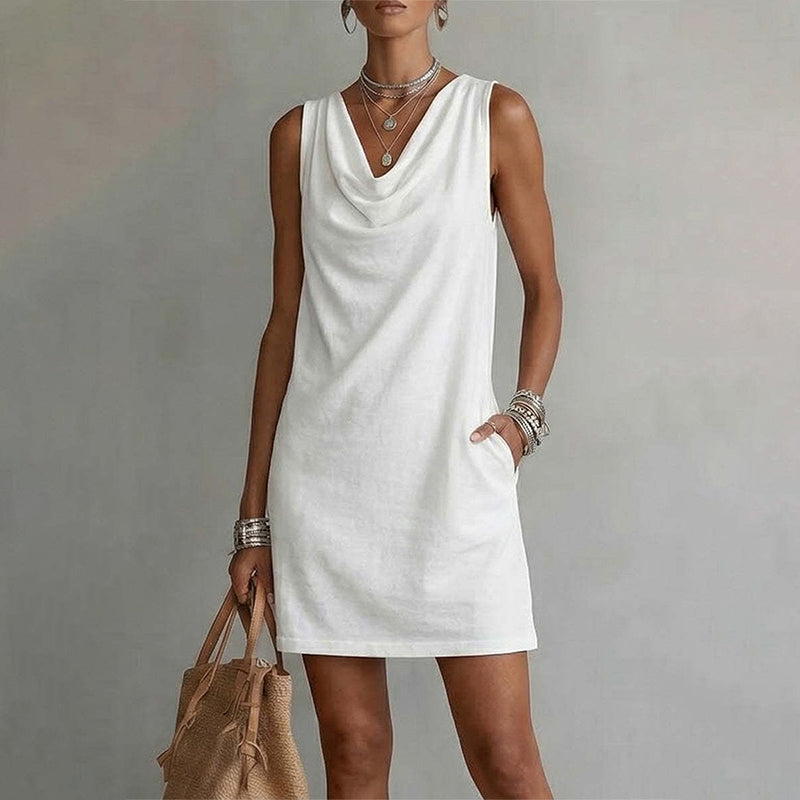 📢📢40% OFF !! ⏰ Elegant Slim Fit Cowl Neck Dress – Sleeveless, Side Pockets, Versatile ✨